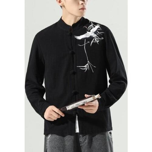 Autumn linen long sleeve shirt Chinese Style Mens embroidered tops Coil button jacket Chinese Tang costume cotton linen coat