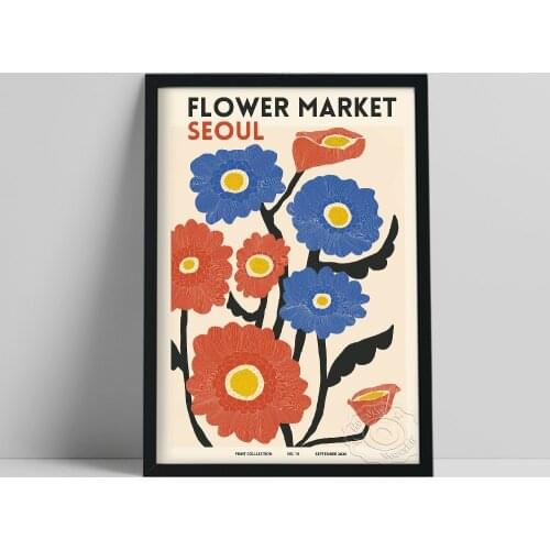 Astrid Wilson Seoul Poster, Flower Market Seoul Art Prints, Red Blue Flower Leaf Watercolour Painting, Nordic Plants Wall Art