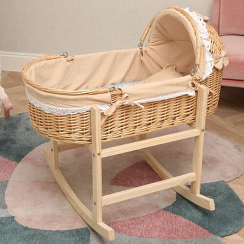 2021 New Upgrade Wooden Portable Baby Cradle Bed with Roller Baby Rocker 360 Degree Rotating Wheel New Born Baby Crib 0-24M