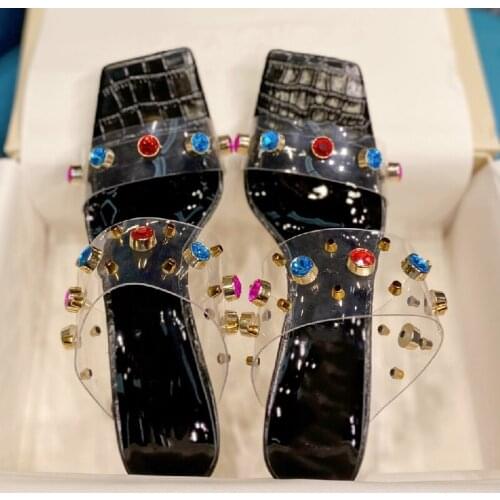 Women Shoes Summer Female Concise Slippers Fashion High Heels Chaussure Square Toe Shoes White Slides Ladies Crystal Solid