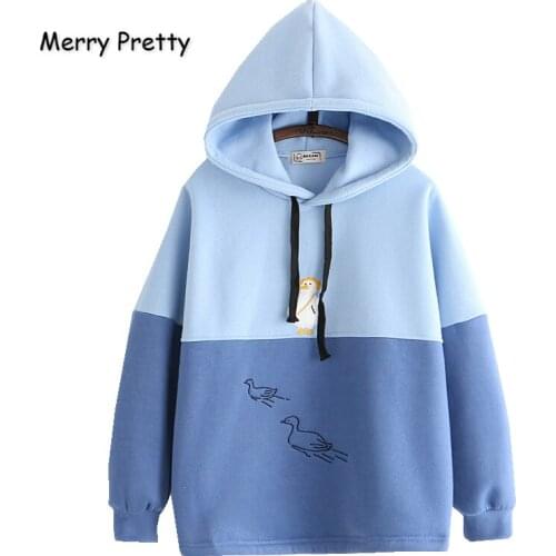 MERRY PRETTY Women Hooded Sweatshirts Cartoon Duck Embroidery Harajuku Patchwork Hoodies Winter Plus Velvet Pullovers