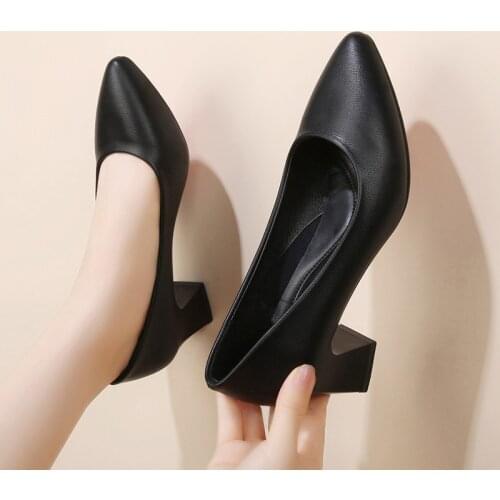 Fashion Soft Leather Fabric Heels Pumps Shoes Pointed Toe Shoes Woman Square Slip-On Heel Slip Lady Office Casual Work Shoes