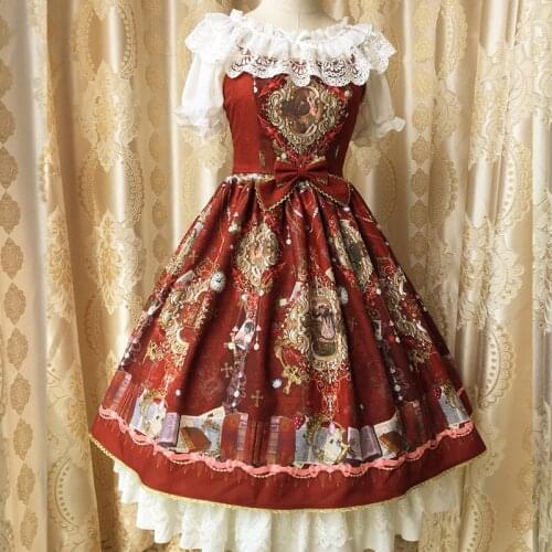 Japan style vintage renasssance print lolita style strap lolita dress girls chiffon one piece