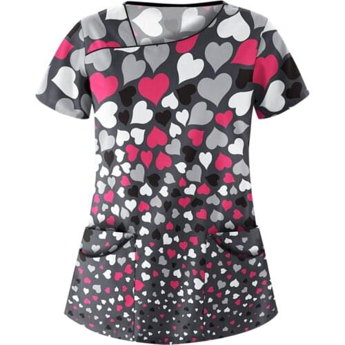 Women Casual Tshirt Nurse Overalls Women Short Sleeve V-neck Tops Working Uniform Love Print Perspiration Tops With Pocket #T3G