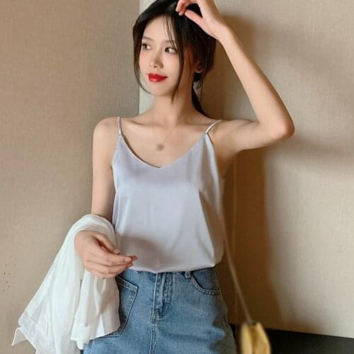 Womens V-neck Camis Summer Ice Silk Satin Bottoming Tank Top Lady Sexy Sleeveless Solid Color Basic Top