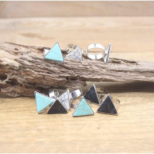 Triangle Turquoises Adjustable Ring Silvery Color Natural Blue/Black/White Howlite Finger Ring Women Jewelry Wholesales,QC4116