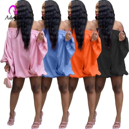 Off Shoulder Women Mini Dress 2021 Autumn Long Puff Sleeve Solid Workout Activewear Streetwear Casual Loose Home Dress Outfits