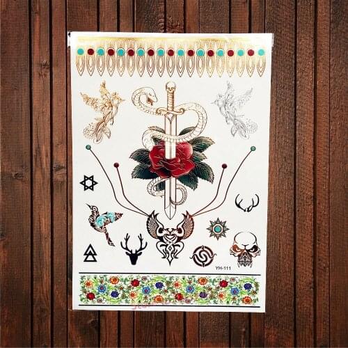 1PC New Gold Temporary Tattoo Snake Sword Rose Bird Design Women Body Art Decal Flash Waterproof Metallic Tattoo Sticker AYH-111