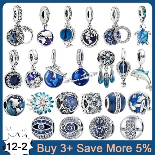Genuine 925 Sterling Silver Charm Blue Globe Sparkling Beads Fit Original Pandora Bracelet Jewelry Making DIY Women Gift