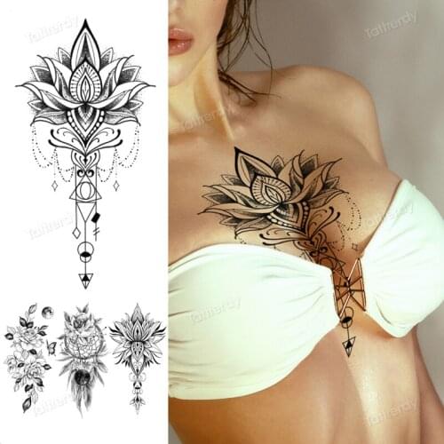 Black lace temporary tattoo stickers women lotus flower fake henna tattoo body art underboob breast sexy tatoo for woman girls