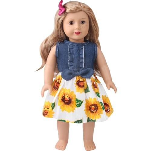 Summer New Pattern Denim Flower Dress Fit 18 Inch American&43cm Baby New Born Doll Clothes Accessories Girls' Toys