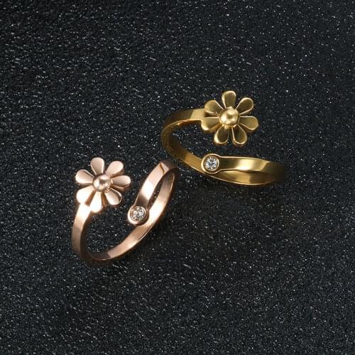 Trendy Flower Women Men Ring Stainless Steel Simple Style Rhinestone Crystals Can Be Adjustable Lover Couple Jewelry Accessories