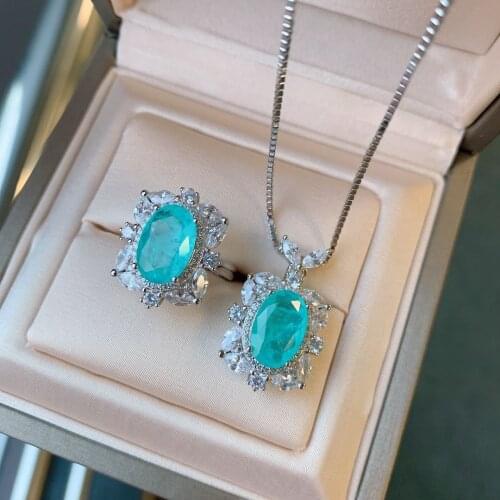 New 100% 925 Sterling Silver Paraiba Tourmaline Gemstone Ring Pendant Necklace Wedding Party Jewelry Sets Wholesale