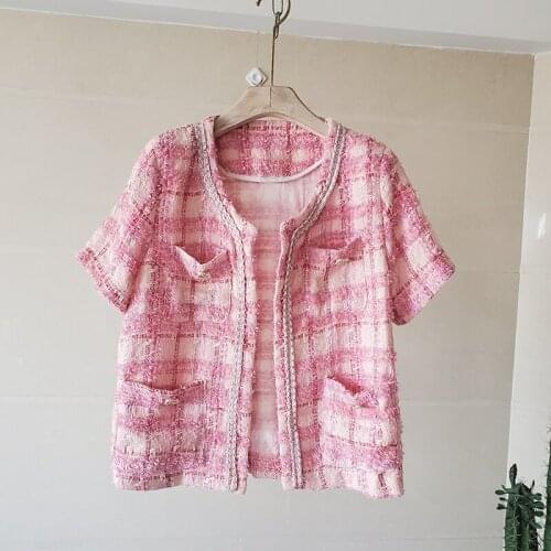 Korean Elegant Ladies Spring Autumn Woolen Jacket Vest Women Short Sleeve Pocket Fashion Streetwear Tweed Coat