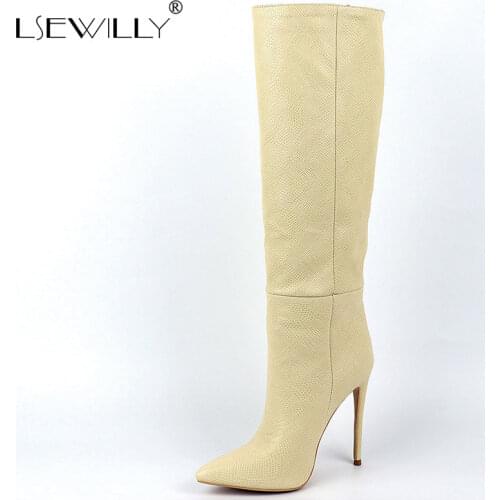 Lsewilly Microfiber Pointed Toe Ultra-High Stiletto Sexy Knee High Boots With Lizard Pattern Winter Plush Lining Boots Beige