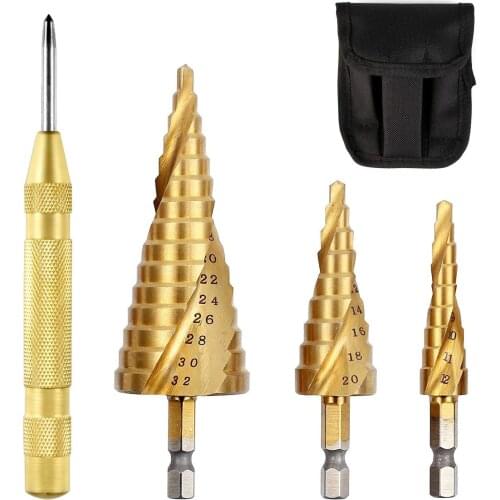 4PCS HSS Steel Spiral Step Drill Bit Set Titanium Coated Wood Metal Hole Cutter Pagoda Drilling Power Tools 4-12/4-20/32mm
