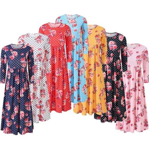 New Girls Dresses Long Sleeve Princess Casual Length Sundress For Girl Flower Printed Clothes Children Beach Dress