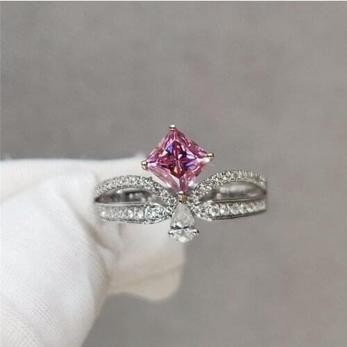 100% Real 18K White Gold Excellent Cut Diamond Test Passed 0.8ct 5*5mm Square Pink Moissanite Wedding Ring for Female Jewelry