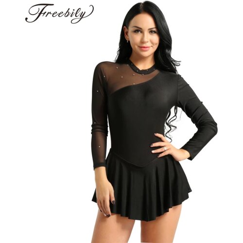 Women Long Sleeve Ballroom Dance Dress Halter Backless Skating Modern Ballet Dance Dress for Performance Competition costumes