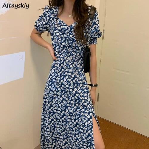 Dress Women Summer Blue Floral Simple Fresh Folds Korean Sweet Puff Sleeve Abdomen Empire Square Collar Elegant Side Slit Retro