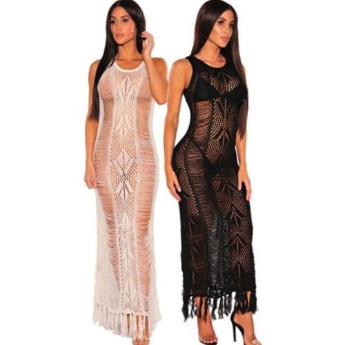 Fishnet Crochet Beach Dress Long See Through Beach Cover Up Crochet Tassels Swimsuit Cover Up Hollow Out Beachwear Cover Up 2020