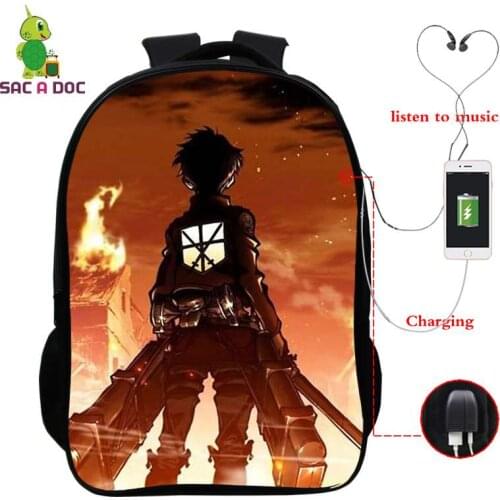 Anime Attack on Titan Schoolbags 3D Print Backpack for Boys Unisex Fashion Men Laptop Bags with USB Charger Mochilas Sac A Dos