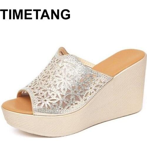 TIMETANGNew Plus Size Wild Rhinestone Summer Shoes CoolSlippers Anti-slip HighHeels Sandals Women Wedges Fashion Sandals slipper