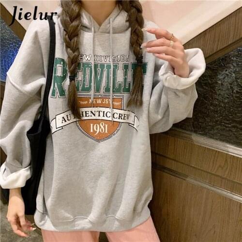 Jielur Korean Fashion Hoodies for Women Hooded Warm Fleece Gray White Sweatshirt Female Winter Loose Leisure Oversize Print Top