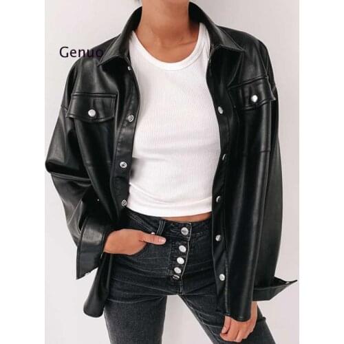 Streetwear Black Pu Leather Blouse Women Cardigan Buttons Fashion Womens Shirt Top Long Sleeve Solid Leather Blouses