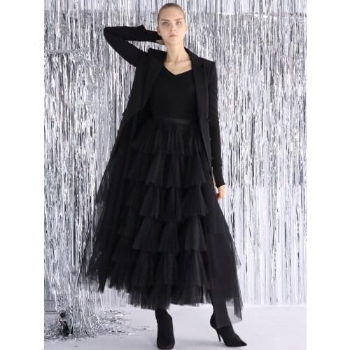 Fall Winter 2021 Collection Original Design Women Long High Waist Puffy Layered Pleated Tulle Skirt Black