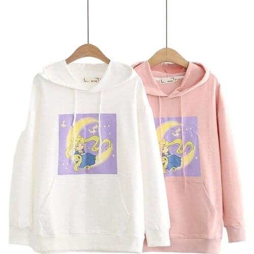2021 Spring Women Cartoon Print Cotton Hooded Sweatshirts Thin Long Sleeve Hoodies Sweet Style Harajuku Loose Pullovers