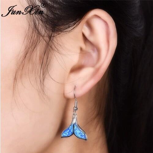 Boho Female Girls Blue White Fire Opal Drop Earrings Vintage Silver Color Women Mermaid Earrings Fashion Long Dangle Earrings