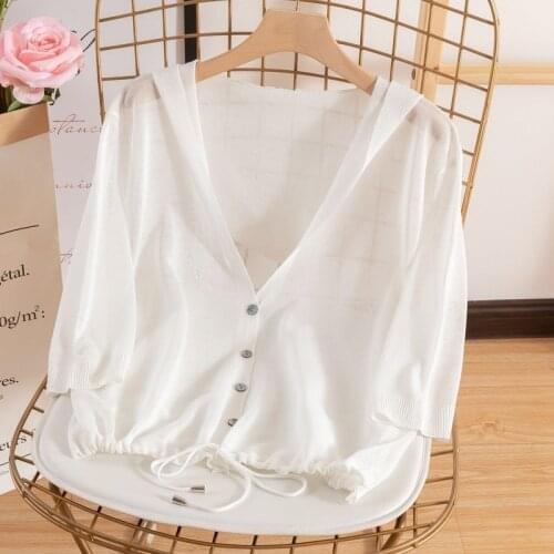 Women 2021 Spring Summer 3/4 Sleeve Knitted Cardigan Korean Button Up Hooded Jacket Ice Silk Sweater Thin Sunscreen Tops Y89
