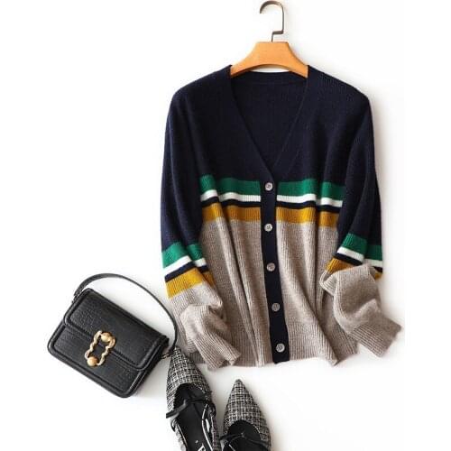 2020 autumn winter new style 100% cashmere ribbed knitted cardigan v neck long sleeve womens patchwrok sweater