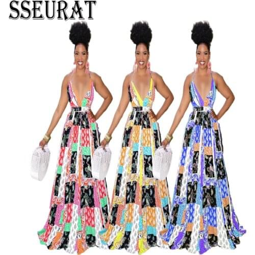 SSEURAT Ladies Print Floral Boho Bohemian Summer Dress Women Sleeveless Maxi Dress Elegant Evening Party Long Dresses Vestidos