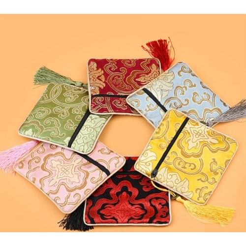 100pcs Tassel Small Zipper Silk Brocade Gift Bag Christmas Coin Purse Wholesale Jewelry Pouches Wedding Birthday Party Favor