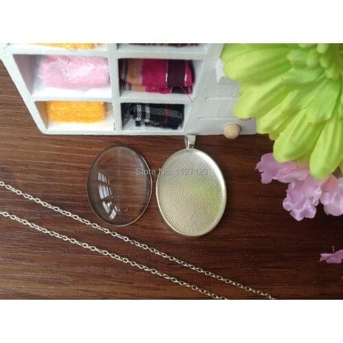15 Sets, Shiny Silver Plated Oval Pendant Tray Blanks 30 x 40 mm Pendant Settings with Matching Glass Cabochons with Chain