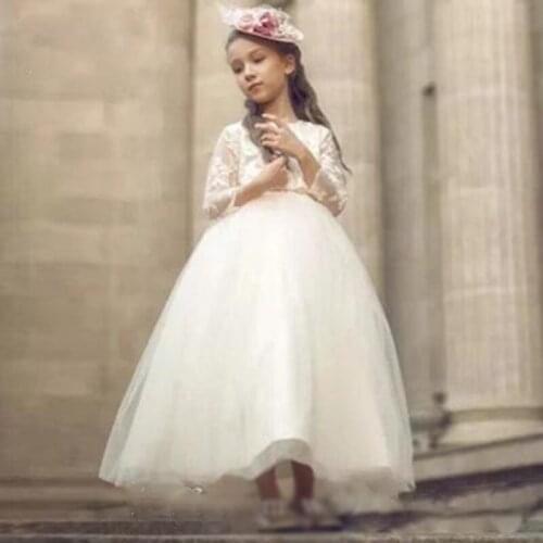 2019 Long Sleeve Jewel Lace and Tulle Wedding Flower Girls Dresses A-Line Sash Button Kids Formal Wear