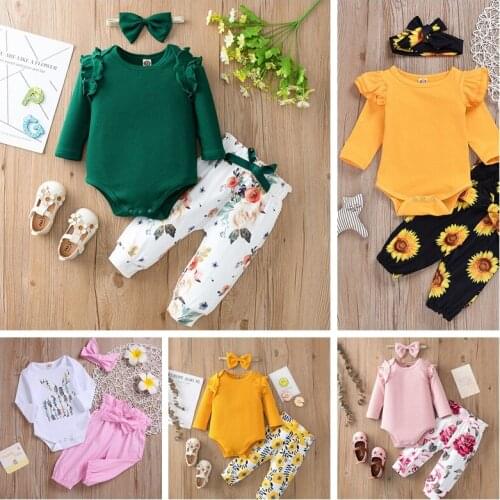 Baby Girls Clothing 3Pcs Set Romper Cotton T-shirt Pants Headband Infant Spring Autumn Girl Toddler Fashion Flower Print Clothes