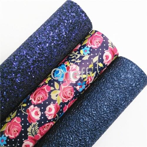 Onefly 21X29CM Navy Blue Glitter Fabric, Flowers Printed Synthetic Leather Sheets For Bow DIY handbags shoes BQ043