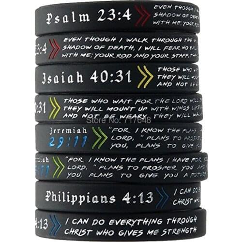 100pcs Philippians 4:13, Psalm 23:4, Jeremiah 29:11, & Isaiah 40:31 wristband silicone bracelets free shipping by ePacket A