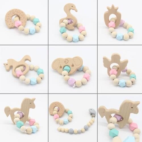 Baby Infant Wooden Teether Bracelet Animal Shaped Wood Beads Teether Teething Ring Food Grade Materials Chewable DIY Crafts Toys