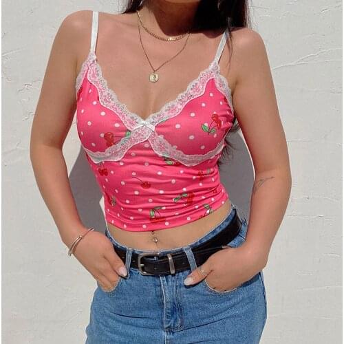 E-girl Y2K Aesthetics Cherry Graphic Stpaghetti Straped Pink Crop Tops Sweet Kawaii Deep V Lace Backless Summer Cami Crop Tops