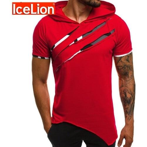 IceLion 2021 Summer Leisure Men T-Shirt Hooded Short Sleeve Slim Fit T-Shirt Stylish Hole Men T-shirt Cozy Camisetas Hombre