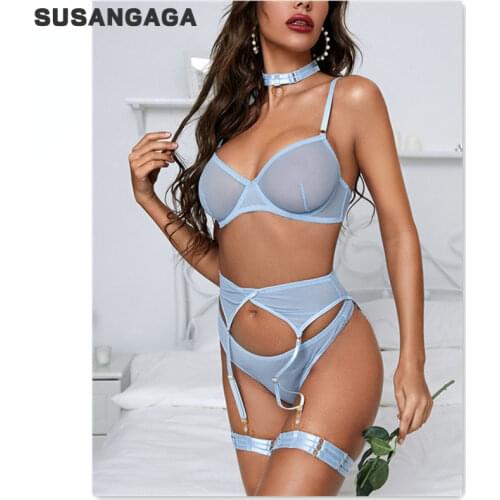 OKKDEY Sexy Erotic Lingerie Solid Womens Underwear Push Up Bra Garters Brief Sets Transparent Lace Seamless Blue Setup Ladies