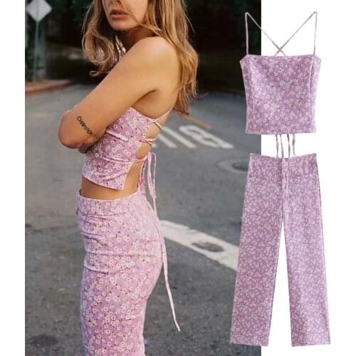 Klkxmyt Za 2021 Women Pants Suit Floral High Wasit Frares Pants Fashion Woman Trousers Streetwear Casual Summer Pants Sets