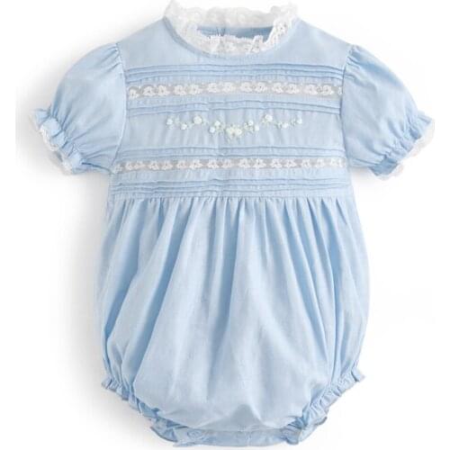 2021 New Baby Girls Embroidery Romper Boutique Kids Clothes Newbron Infant Light Blue Rompers Toddler Summer Spanish Jumpsuit