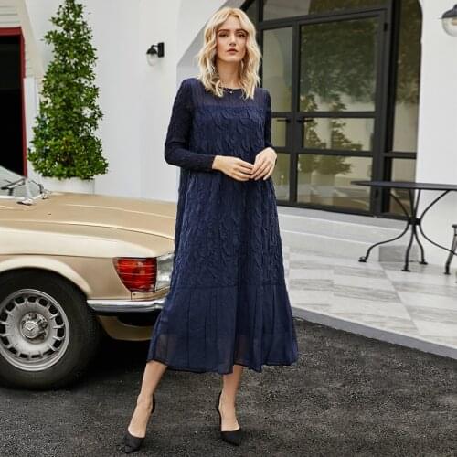 2020 winter Vintage Pleated dress plus size women Fish scales pattern dress Korean high fashion dress long sleeve Lace dress