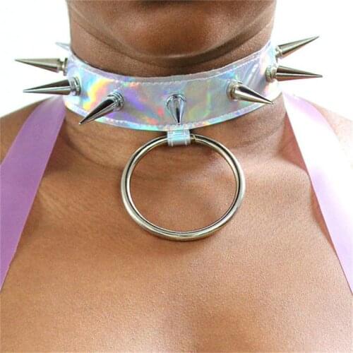 Handmade Holographic Leather Choker Necklace Rainbow Collar Handmade Long Spiked Collar Laser Irisdescent Necklace