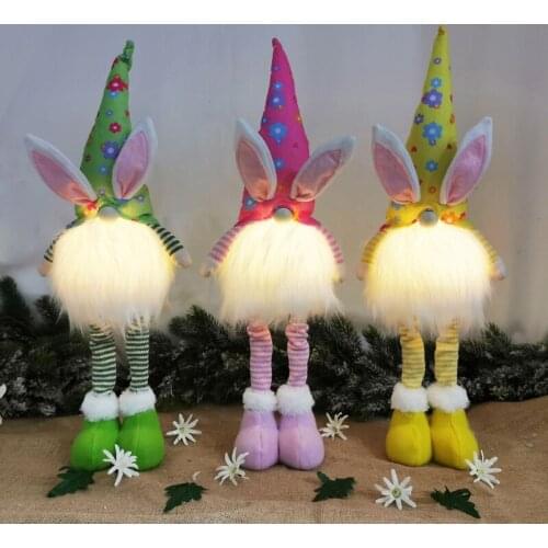 Easter Standing Bunny Gnome with LED Light Handmade Swedish Tomte Rabbit Plush Toys Doll Easter Table Decoration Kids Gift